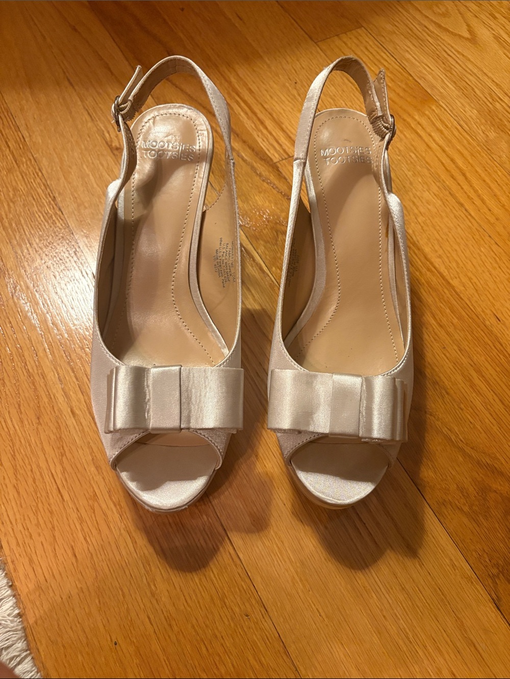 Mootsies Tootsies Ivory Satin Peep-Toe Slingback Heels with Bow